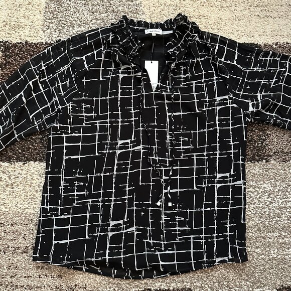 CALVIN KLEIN (L) Black White Geometric Print Chiffon Peasant Blouse Top Tie-Neck - Picture 5 of 12